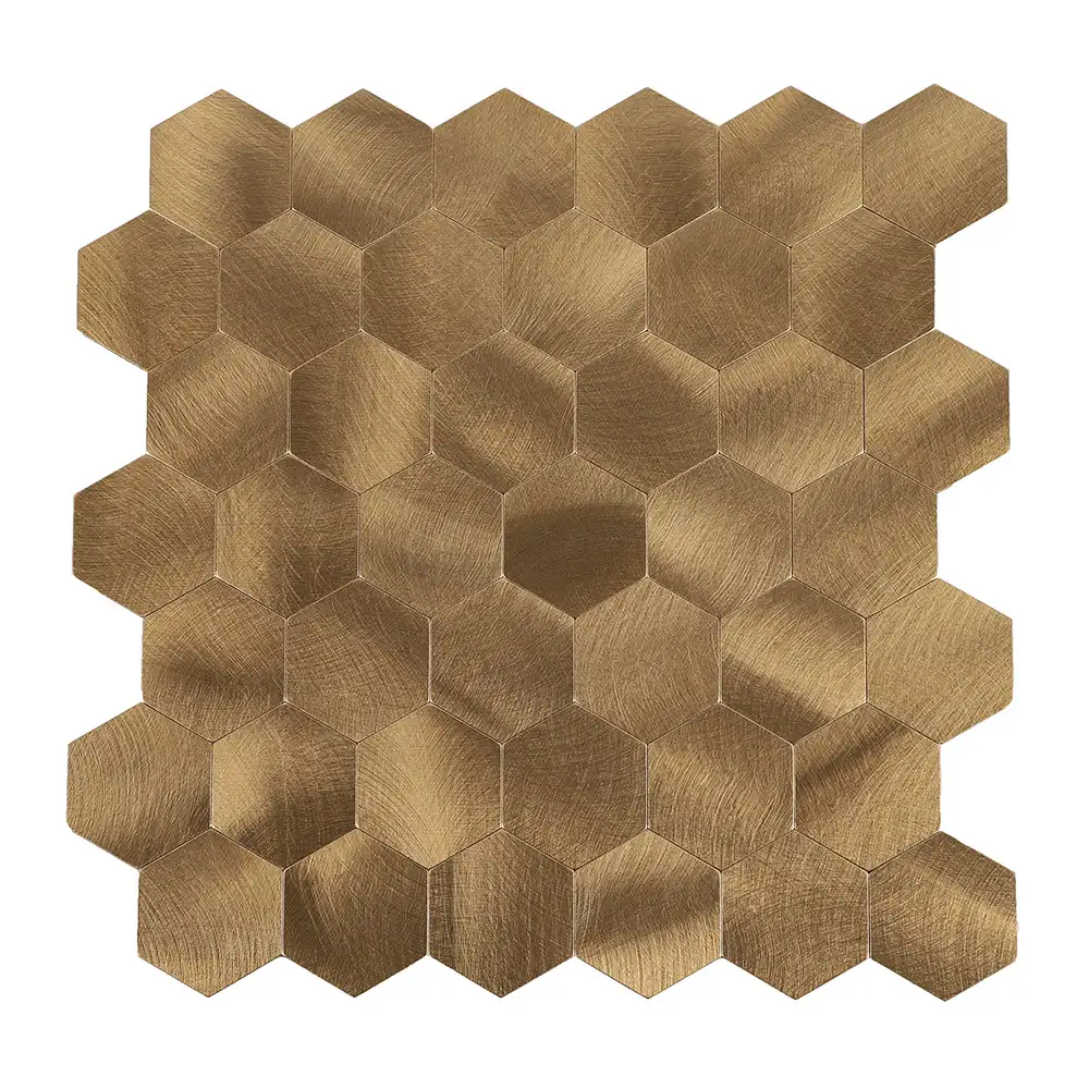 Mosaico autoadhesivo de tira de ladrillo hexágono bronce cepillado 28,8x29x0,4cm