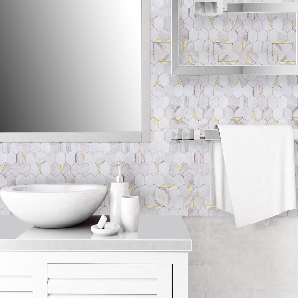 Mosaico Autoadhesivo Mármol Blanco Dorado Hexagonal 28,8×29,2×0,4cm