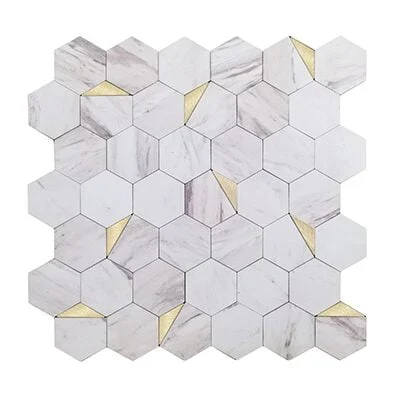 copy-Mosaico Autoadhesivo Mármol Blanco Dorado Hexagonal 28,8×29,2×0,4cm