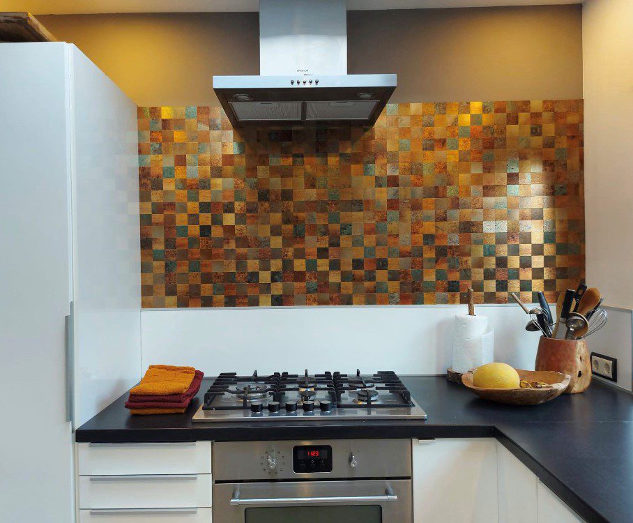 Mosaico autoadhesivo de tira de piedra bloque cuadrado Rustik Oro 30x30x0,4cm