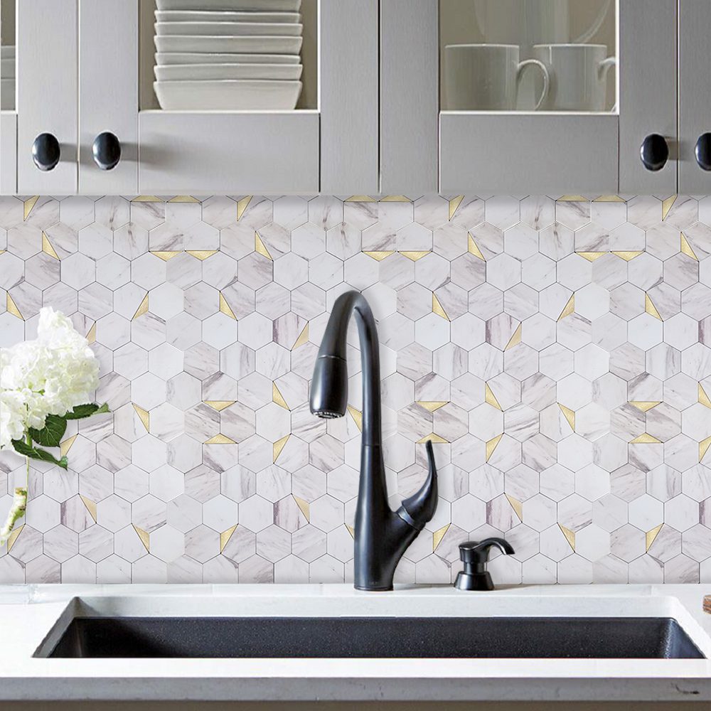 Mosaico Autoadhesivo Mármol Blanco Dorado Hexagonal 28,8×29,2×0,4cm