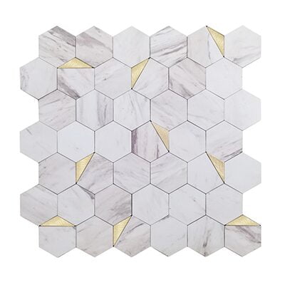 Kendinden Yapışkanlı Mozaik Duvar Paneli - Beyaz Gold Hexagon